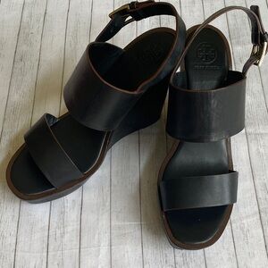 Tory Burch Black Lexington Wedge Leather Sandals